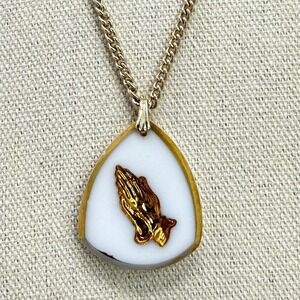 Vintage Praying Hands Milk Glass Necklace Pendant Gold Tone Religious
